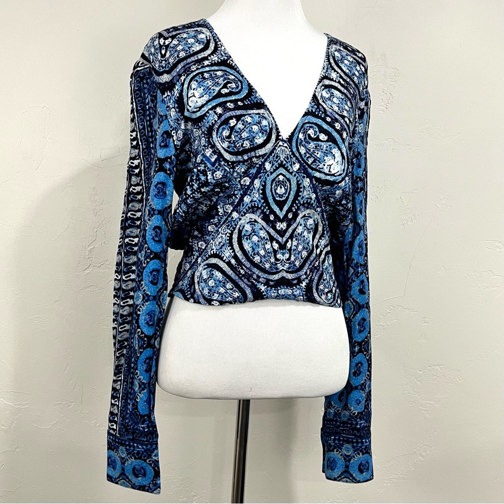 Free People Wild and Free Blue Paisley Ruched Crop Top Sm Boho Festival Vacation